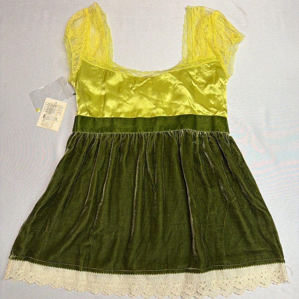 Free People Baby Doll Fairy Cottage Core Green Silk/Faux Suede Womens Size 2 - Picture 8 of 9